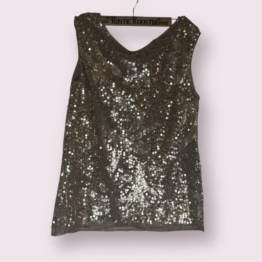 Max Studio Rose Gold Sequin Scoop Neck Glam Top Small - Picture 3 of 8